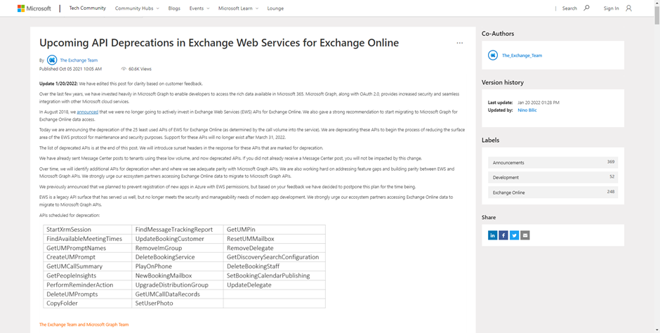 Upcoming API Retirements in Exchange Web Services for Exchange Online