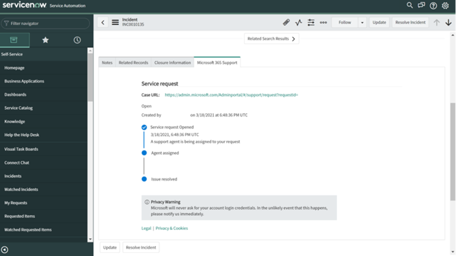 Microsoft 365 support integration with ServiceNow