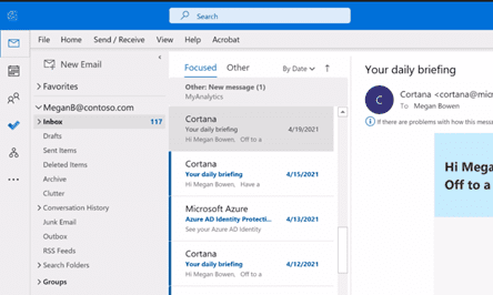 Screen from Outlook showing new functionality