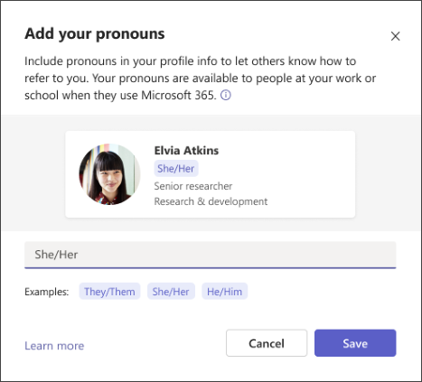 Microsoft 365 Apps: Pronouns on Profile Cards