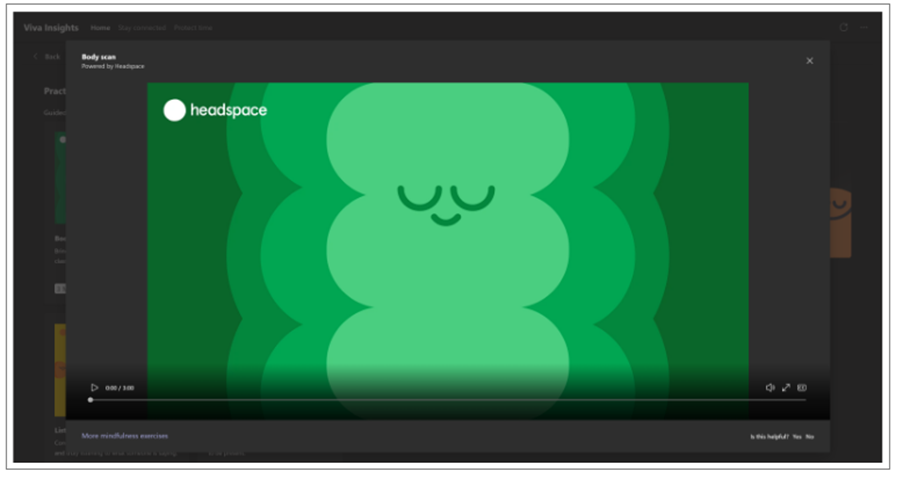 Screenshot of the Microsoft Viva Insights interface displaying a Headspace video titled 