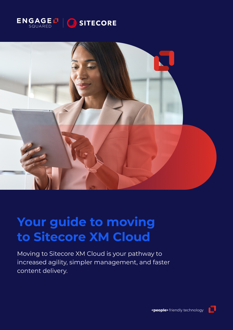 Image of woman holding tablet device. Blue text underneath 'Your guide to moving to XM Cloud'