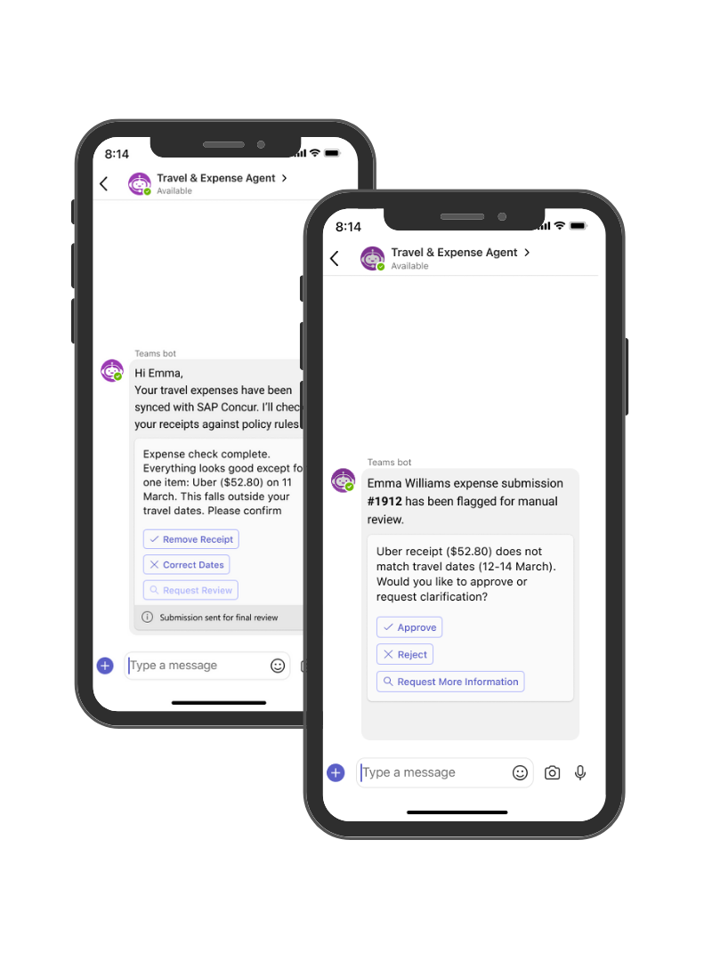 Two mobile phone screens displaying a Copilot-style chat interface with conversational prompts and replies.