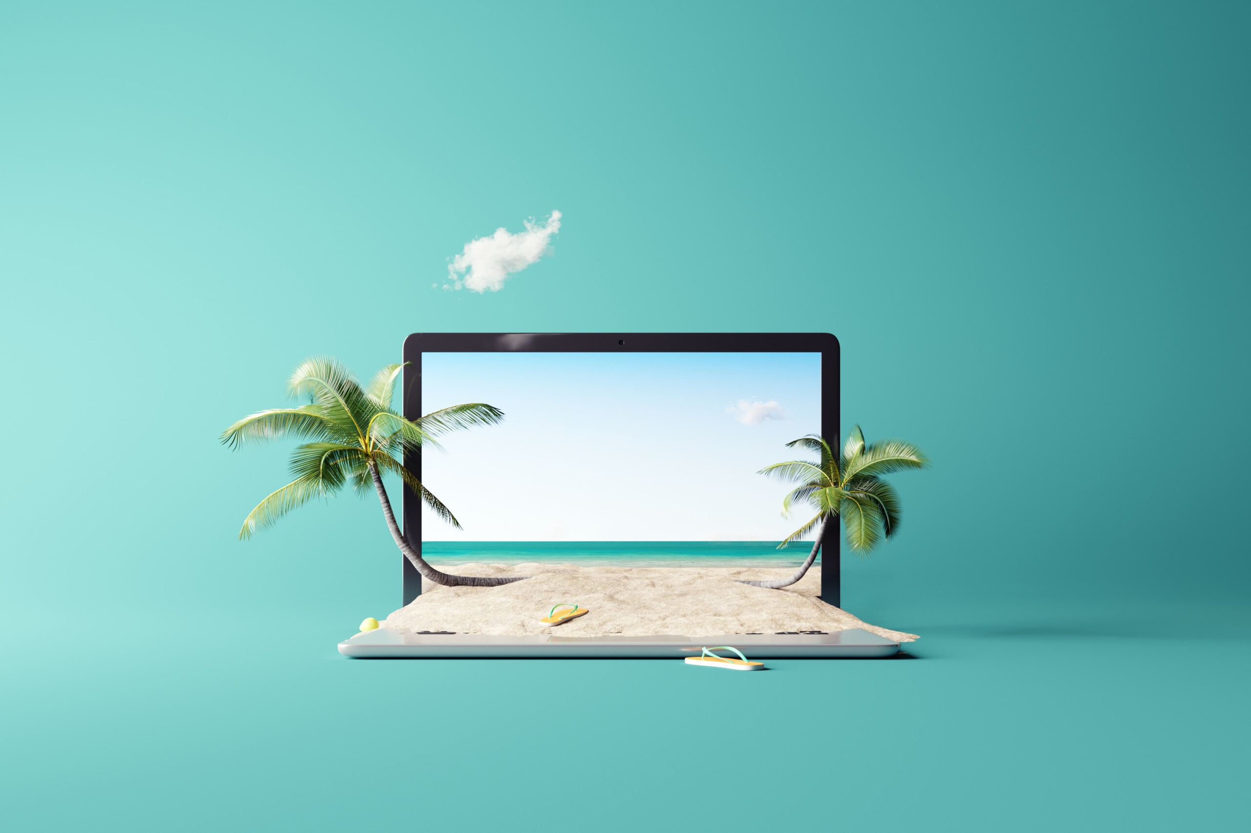 Laptop covered in sand with blue background and palm trees